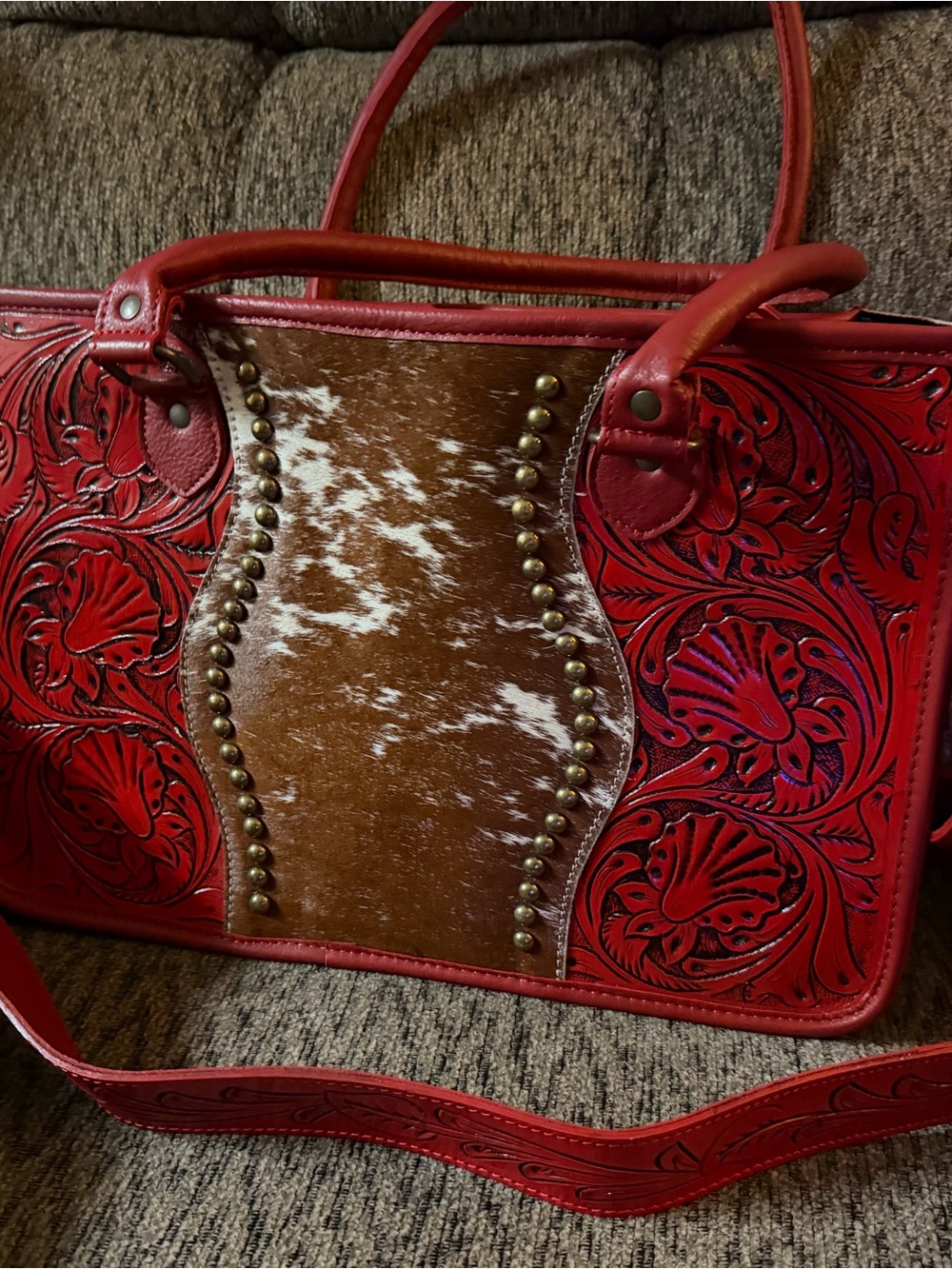Red Tooled Leather Tote with Cowhide Accent